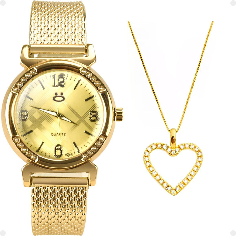 Relógio Feminino Tokyo Dourado Ganhe Grátis + Colar mãe coração